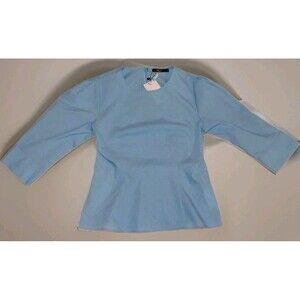G2000 Icy Blue Structured Peplum Top Minimal Tailored Cotton Blouse Sz M